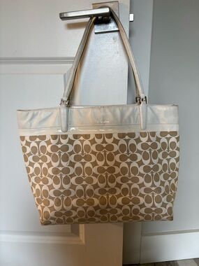 Coach Beige Signature Canvas Tote with White Trim and Straps